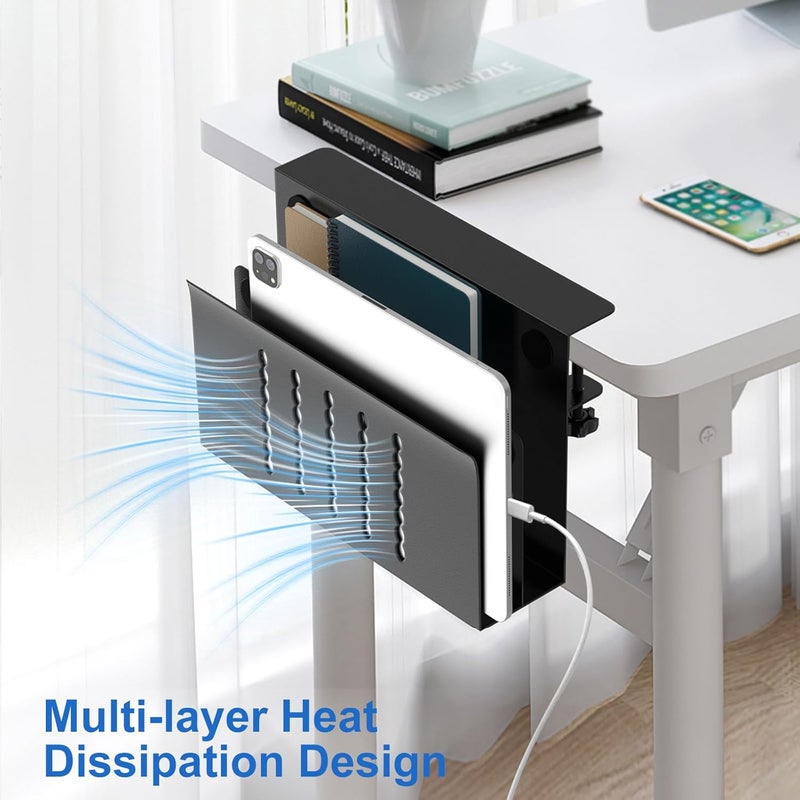 HAMOPY Desk Side Storage, 2 Tier Steel Hanging Desk Organizer with Magnetic Pen Holder, No Drilling Standing Desk Drawer Cable Management Tray, Under Desk Laptop Holder for Office, School&Home (Black) - Image 5